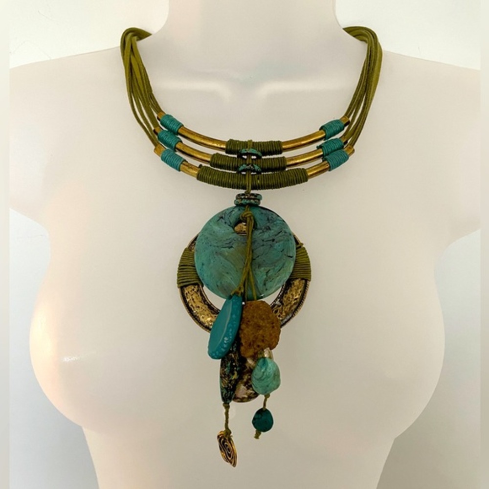 Treska necklace, genuine turquoise brass and leather